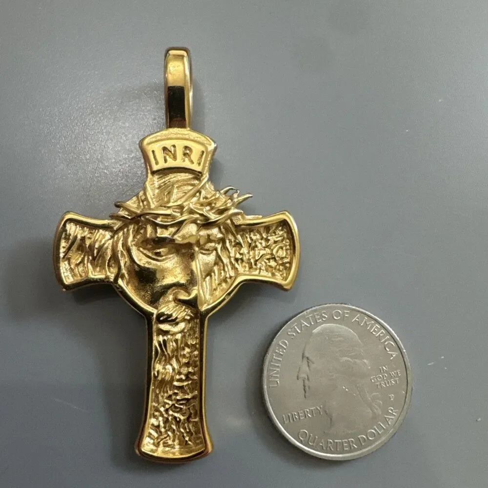 Gold Tone Jesus Christ Cross Pendant 24 Inch Chain Stainless Steel “inri” Gift